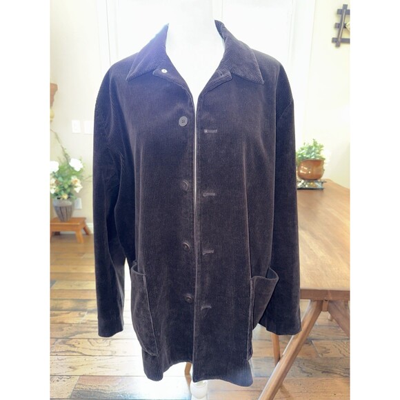 Eileen Fisher L Brown Corduroy Button Jacket Wide Wale Cotton Spandex Lined Coat - Picture 1 of 11